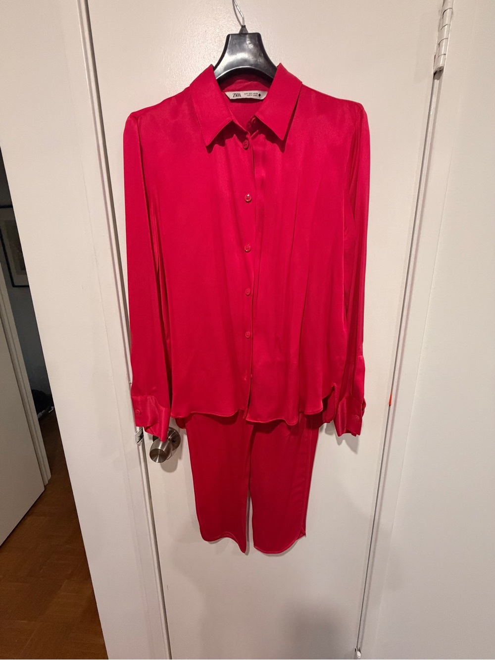 Zara Bold Red Silk Button-Front Jumpsuit